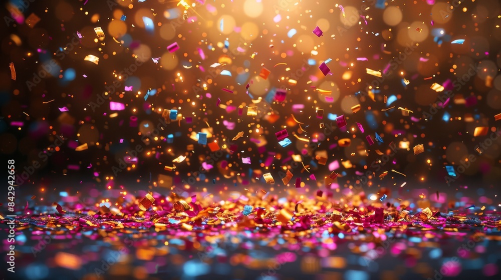 Poster the vivid colors of confetti exploding on a dark backdrop with red vibrant lighting is perfect for f