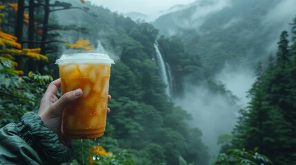 A hand holds a plastic cup of iced coffee with white cream in the hazy atmosphere of a rainforest, illuminated by the natural light of rain season.