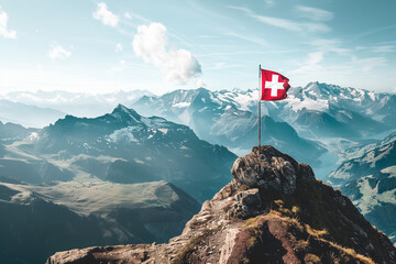 A Swiss flag displayed prominently on a mountain peak, with a breathtaking view of the Swiss Alps in the background, symbolizing pride and national heritage 