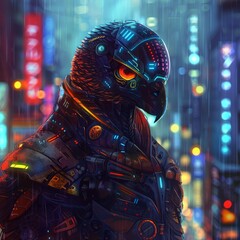 A digital painting of a cyborg owl with glowing red eyes. The owl is wearing a black and blue suit of armor and is standing in a dark city.