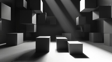 High definition minimalist 3D design featuring floating cubes with sharp shadows in a monochrome color scheme. 3D geometric pattern
