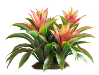 A vibrant cluster of bromeliad plants with red and yellow flowers. The leaves are green with red edges.