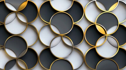 Luxurious look with gold and silver hues in an elegant 3D geometric pattern featuring overlapping circles, high resolution. 3D geometric pattern