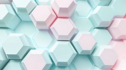 Light turquoise and blush pink in an elegant pastel 3D geometric design with interlocking hexagons, seamless, high definition. 3D geometric pattern