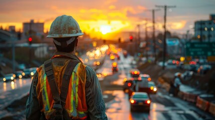 Construction worker in high-visibility gear looks over a roadwork scene at dusk