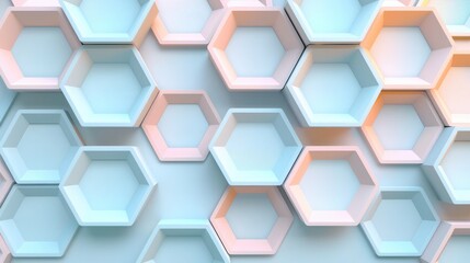 Overlapping hexagons in a delicate pastel 3D geometric pattern, pale peach and light blue, intricate details, high resolution. 3D geometric pattern