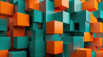 Bright orange and teal in an eye-catching 3D geometric pattern with layered cubes, bold contrasts, high resolution. 3D geometric pattern