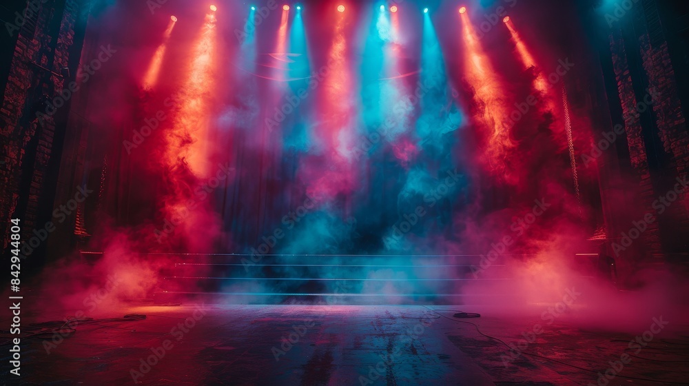Poster a stage is dramatically illuminated with intense red and blue lights, creating a mysterious and eeri