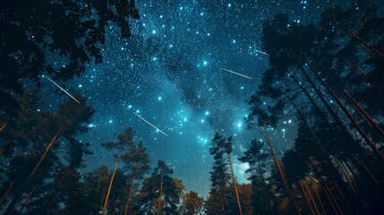 This image captures a breathtaking view of a starry night sky with a meteor shower visible through the silhouette of tall forest trees