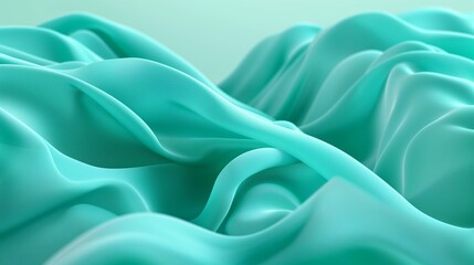 Obraz premium A 3D background depicting waves of digital fabric flowing in a virtual breeze, rendered in shades of turquoise and sea green, creating a calming yet sophisticated visual.