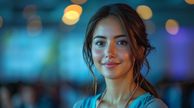 Serene and attractive young woman with an inviting smile and soft lighting at a social venue