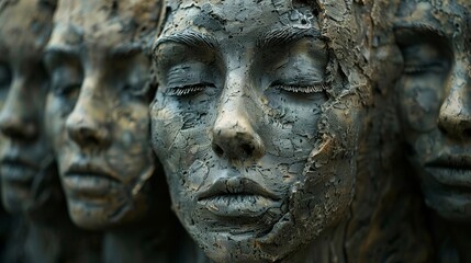 A close-up of a row of textured, sculptural faces with a focus on art and emotions