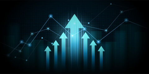 Abstract financial graph with up arrows and trend line in stock market on blue color background
