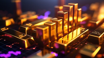 Naklejka premium A 3D bar chart made of gold bars with an upward trend, symbolizing profitable investments in the commodities market.