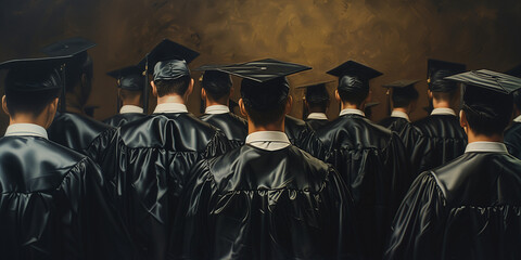 A group of graduates in black graduation gowns and mortarboards celebrates their academic achievements. 