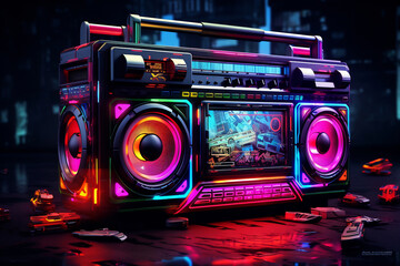 Neon Retro Boombox in Futuristic Cityscape