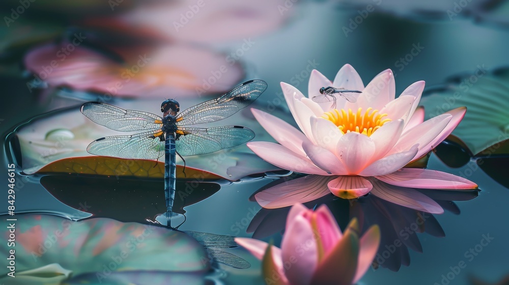 Poster close-up of a dragonfly resting on a water lily in a tranquil pond surrounded by blooming lotus flow