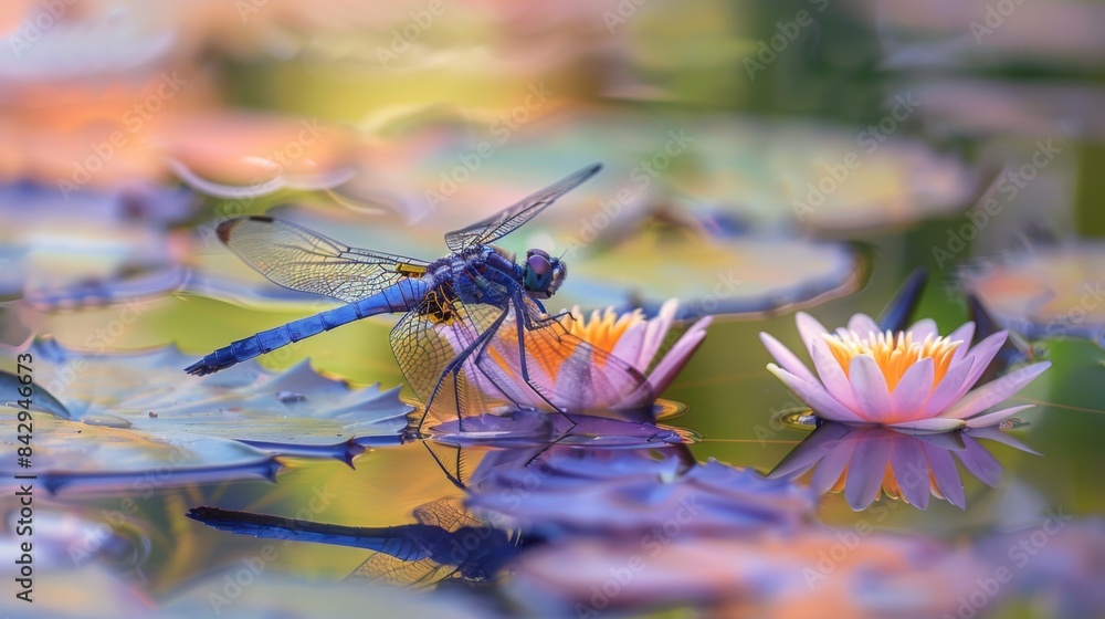 Poster close-up of a dragonfly resting on a water lily in a tranquil pond surrounded by blooming lotus flow