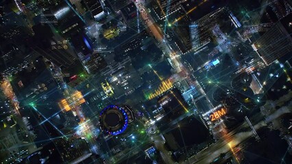 
Great Aerial View of Futuristic City With Holographic Graphs and Charts. Hyper Connected Financial District With Animated Augmented Reality Elements. Over Head At Night. Augmented Reality - Powered by Adobe