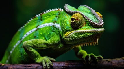 Obraz premium A green chameleon sits on a brown branch, looking at the camera.