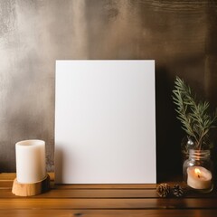 A wooden table with a white picture frame and ceramic vases.