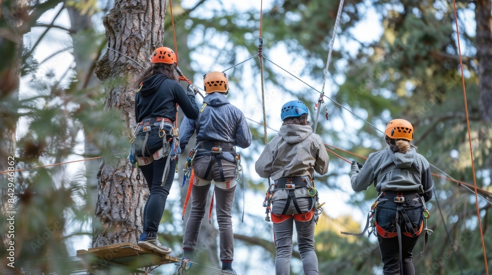 Aufkleber four workers wearing harnesses and guiding each other on a high ropes course emphasizing teamwork an
