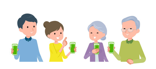 青汁を持って談笑している夫婦と老夫婦