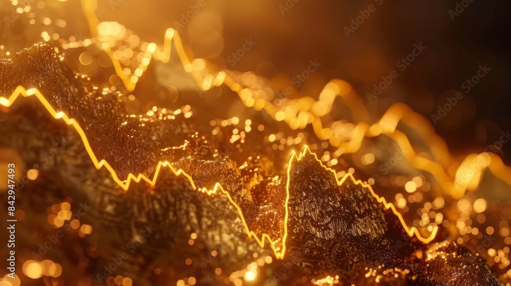 Aufkleber Close-up of a golden line graph charting the rise and fall of gold prices over time