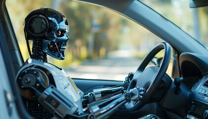 Naklejka premium AIDriven Robot Steering Exploring Futuristic Integration of Artificial Intelligence in HumanLike Activities