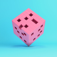 Pink abstract cube structure on bright blue background in pastel colors