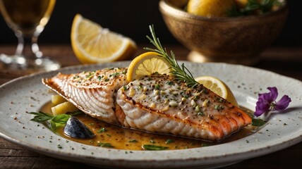 A beautifully plated dish of grilled salmon garnished with fresh herbs, lemon slices, and a delicate sauce, set on a rustic table for a gourmet dining experience