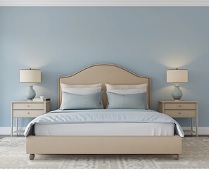 A simple and elegant bedroom with light blue walls, a beige bedframe, two bedside tables and 