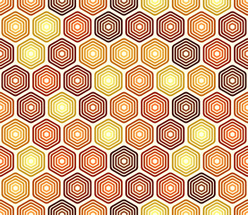 Abstract mosaic shapes geometric background. Orange color tones gradients. Bold rounded stacked hexagons mosaic pattern. Hexagonal cells. Seamless pattern. Tileable vector illustration.