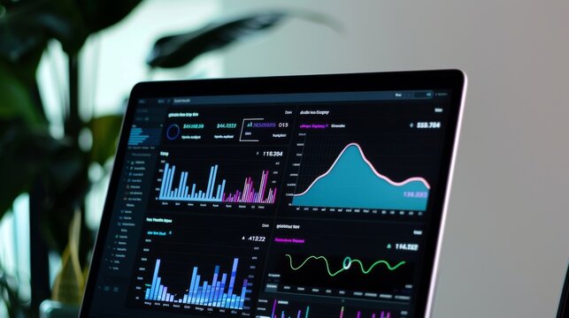 Close-up of a laptop screen with a dashboard displaying various graphs and charts, highlighting data visualization