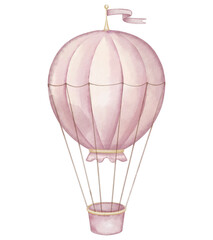 Obraz premium Watercolor pink Balloon with basket. Hand painted illustration for Children design in Cartoon style. Vintage Aircraft with hot air for Baby posters in pastel colors and girls wall art. Drawing for kid