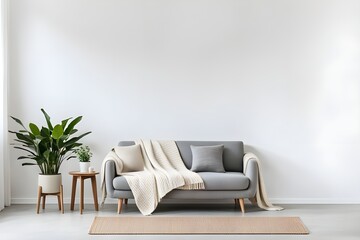 Bright blanket and pillow on a settee, next to a stool with plant in living room with copy space on the wall 