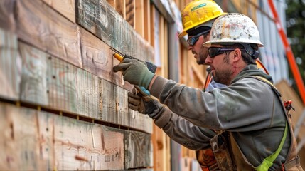 Two workers wearing safety gear and hard hats nailing wooden panels together to create a noise barrier wall.