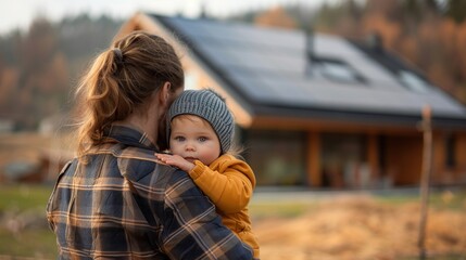 Fototapeta premium Rear view of dad holding her little girl in arms and showing at their house with installed solar panels.
