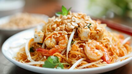 Close-up of a mouth-watering plate of pad thai noodles with shrimp, tofu, bean sprouts, and crushed peanuts