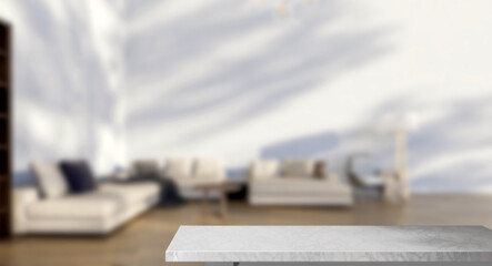 marble table in living room blurred background