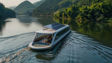 Fototapeta premium Showcasing a solar-powered ferry crossing a picturesque river, highlighting sustainable water transport. --ar 16:9 --style raw Job ID: a1a426cb-41dc-4447-9909-8d02af5d09aa