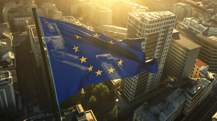 Aerial View of European Union Flag Over Cityscape at Sunset