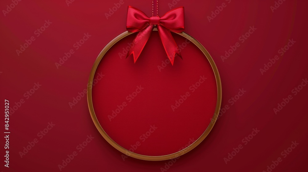 Poster golden round frame hanging on ribbon on red background with copy space