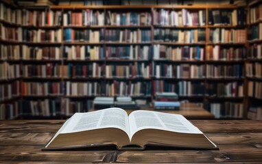 Fototapeta premium Open Book on Wooden Table in Library
