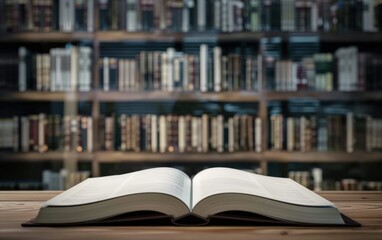 Fototapeta premium Open Book on Wooden Table with Library Background