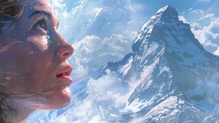 A happy woman smiles in a closeup with a beautiful mountain landscape in the background. She enjoys leisure and recreation while traveling in the natural landscape AIG50