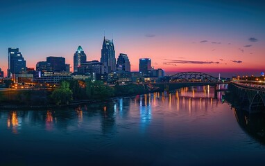 Fototapeta premium Twilight Cityscape with Reflective River