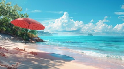 Tropical Beach with Red Parasol. Scenic tropical beach with a red parasol, clear turquoise waters, and lush greenery, perfect for a relaxing escape.