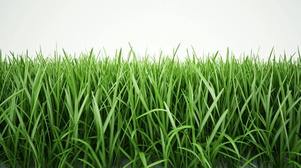 Fototapeta premium A 3D graphic of dense green grass, ideal for a sports field, perfectly trimmed and uniform, presented against a stark white background.