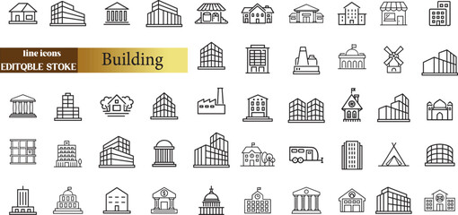 Building web icons in line style. Hotel, hospital, apartament, city, town house, mall, coffee, collection. Vector illustration.	